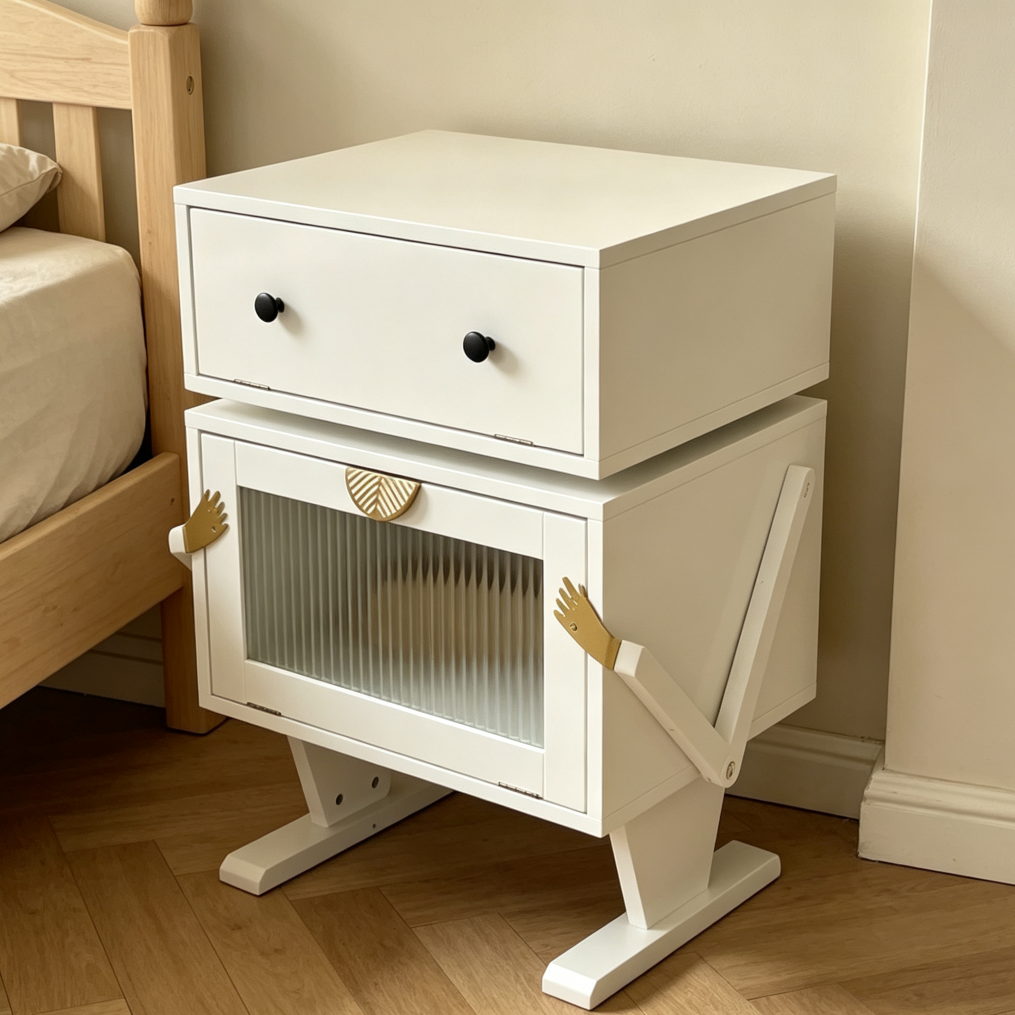 White Nightstand with LED Light Strips Rotating Drawer